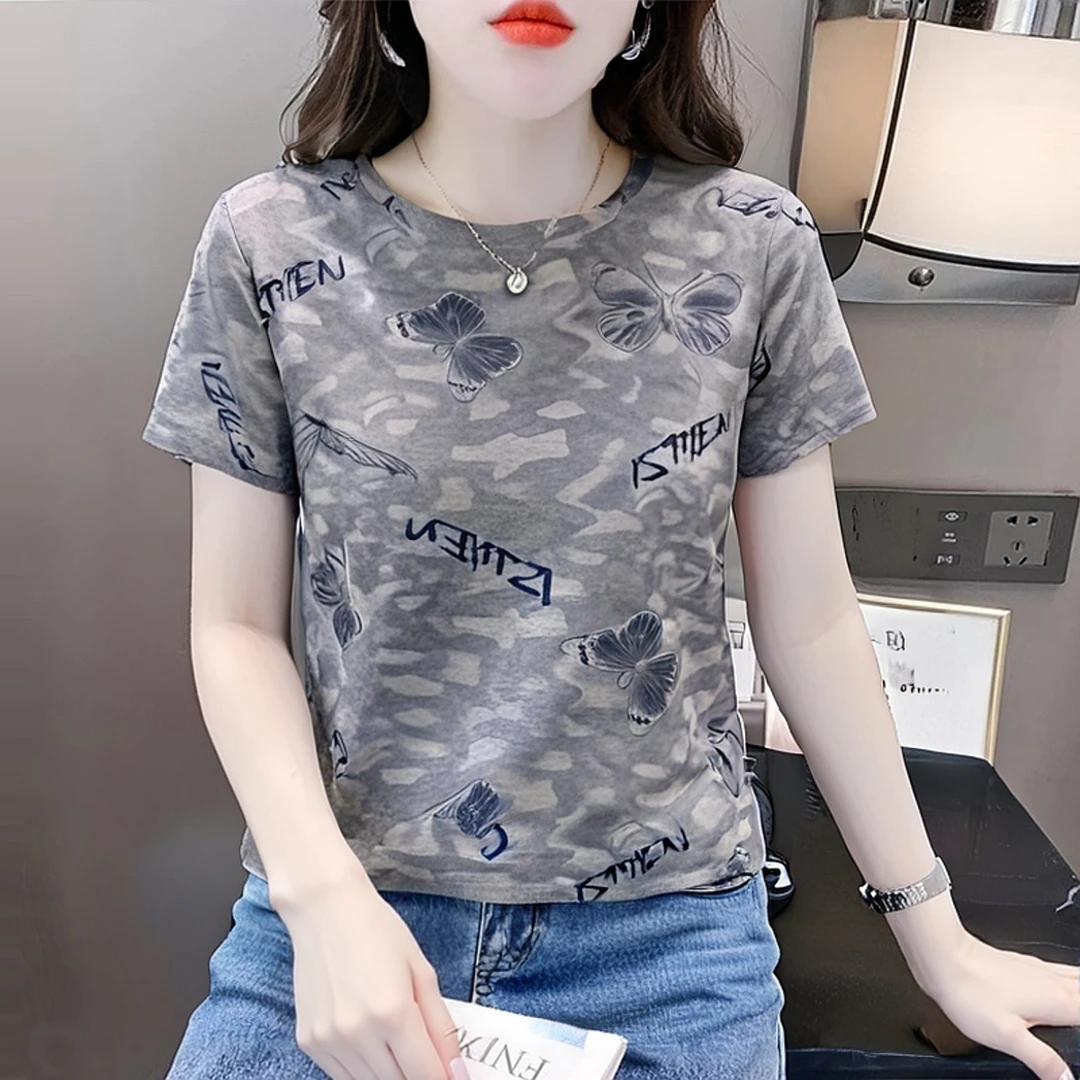 夏季新款时尚印花圆领短袖T恤女洋气减龄小衫宽松显瘦上衣