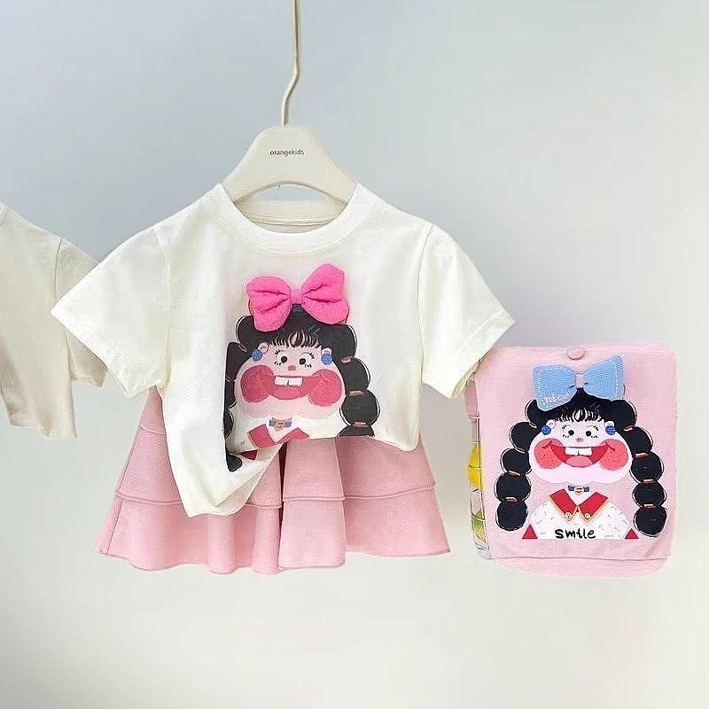 女童韩版立体蝴蝶结短袖T恤2024夏季新款女宝宝洋气卡通纯棉上衣