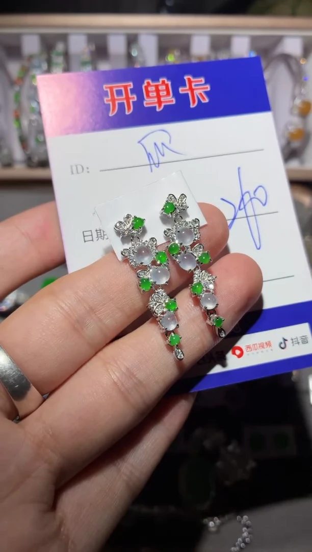 银S925镶嵌翡翠耳饰快*瓜 快乐瓜