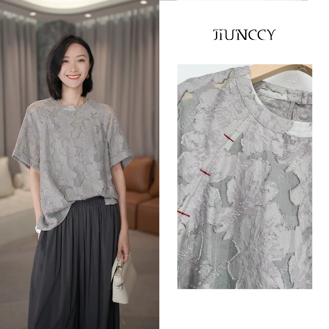 JIUNCCY【墨云】定制特殊烧花剪花高级气质插肩袖上衣 24CY141