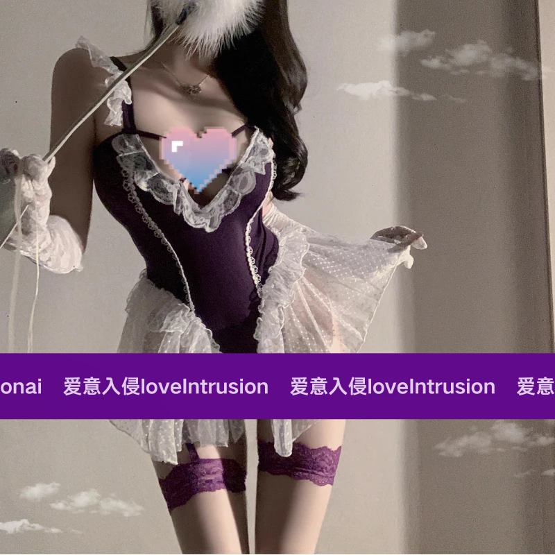 爱意入侵：造梦师！紫色性感纯欲美胸睡裙显瘦蕾丝荷叶边吊带连体衣