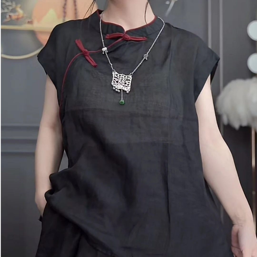 原创高品质砂洗轻薄苎麻新中式盘扣马甲夏季休闲宽松无袖上衣