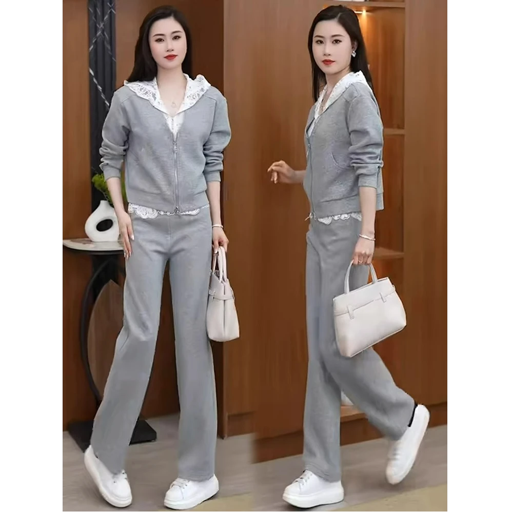 网红两件套裤子休闲蕾丝爆款2025套装开衫春季新款时尚连帽洋气女