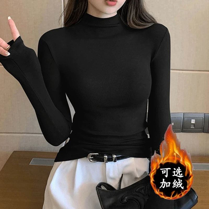 【专柜品质】螺纹半高领长袖打底女秋冬新款内搭高级小众修身上衣潮