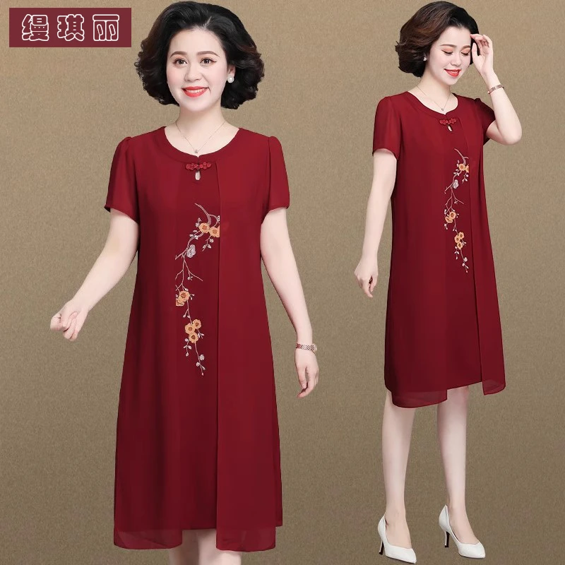 中年妈妈夏装气质连衣裙喜婆婆婚宴装中老年女装结婚礼服旗袍裙子