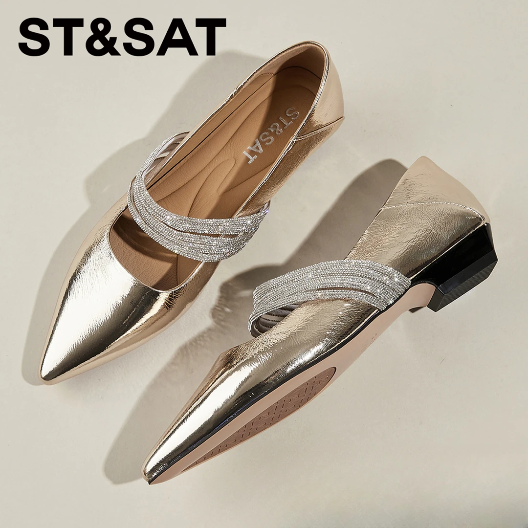 星期六真皮金色尖头单鞋女浅口2025冬季爆款低跟软底瓢鞋玛丽珍鞋