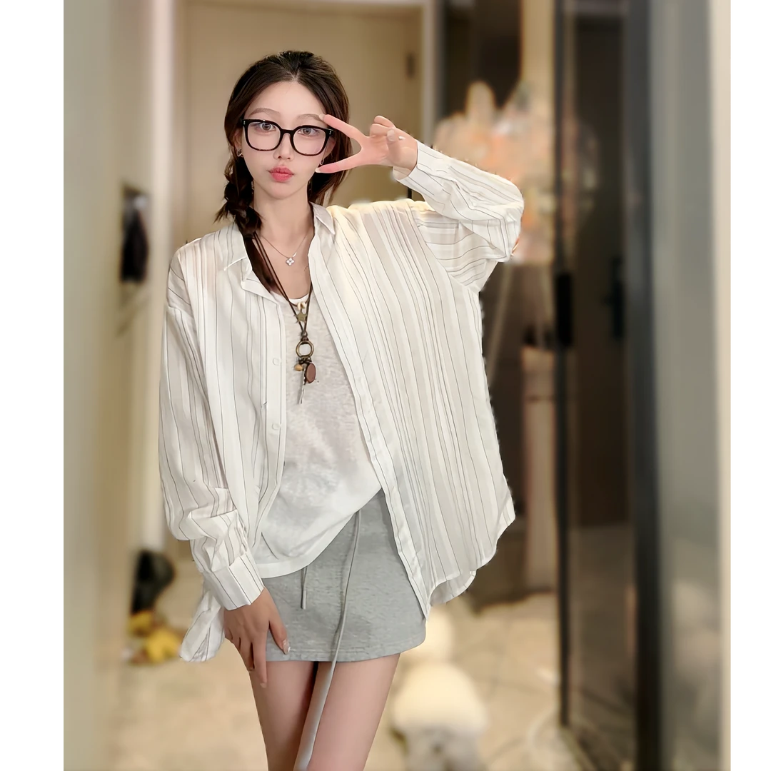 【张章专属】复古竖条纹白色长袖衬衫女宽松显瘦慵懒风防晒衫上衣学