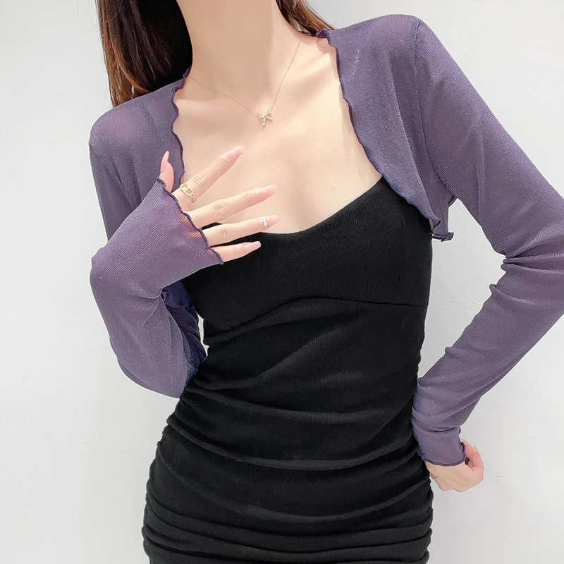 高级感紫色亮丝网纱长袖披肩女夏吊带裙外搭防晒罩衫短款显瘦开衫