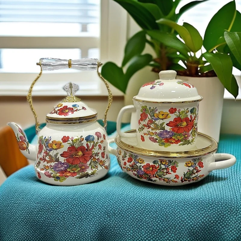新疆包邮【三件套白缤纷套装】24cm拉面盆2.6升茶壶16cm缸子搪瓷
