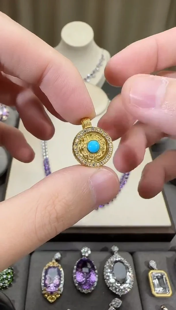 银S925镶嵌绿松石珠宝奇石6mm八宝罗盘设计款