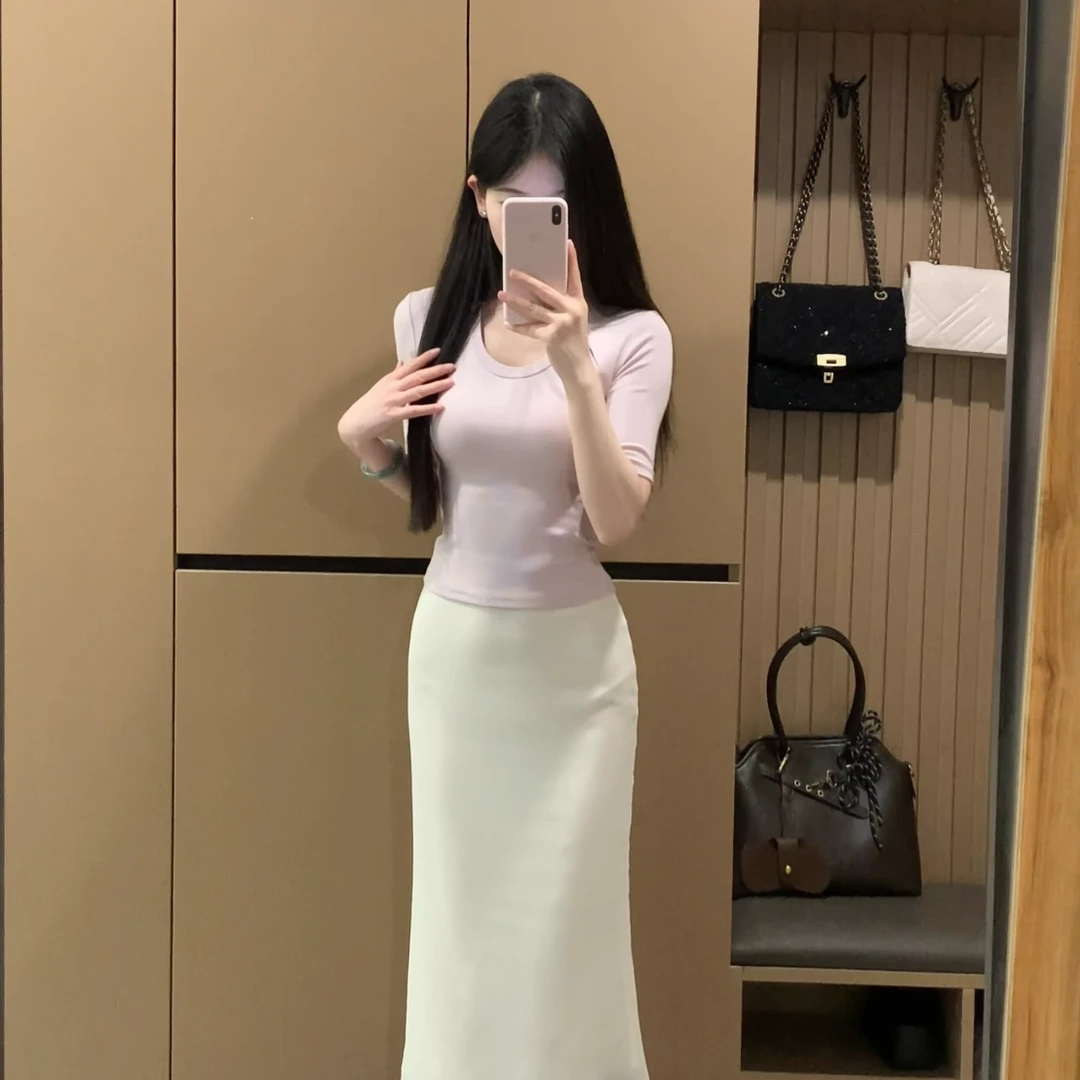 【少女甜梦】韩系简约大气纯色U领夏季时尚修身显瘦T恤XY-124