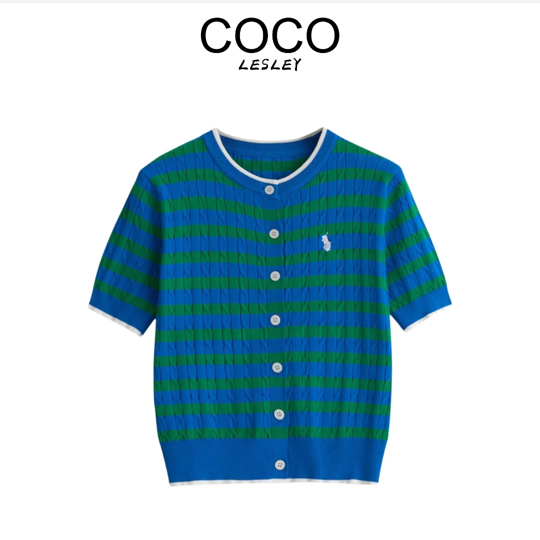 COCO LESLEY 松弛复古修身麻花小马刺绣短袖针织开衫msl077