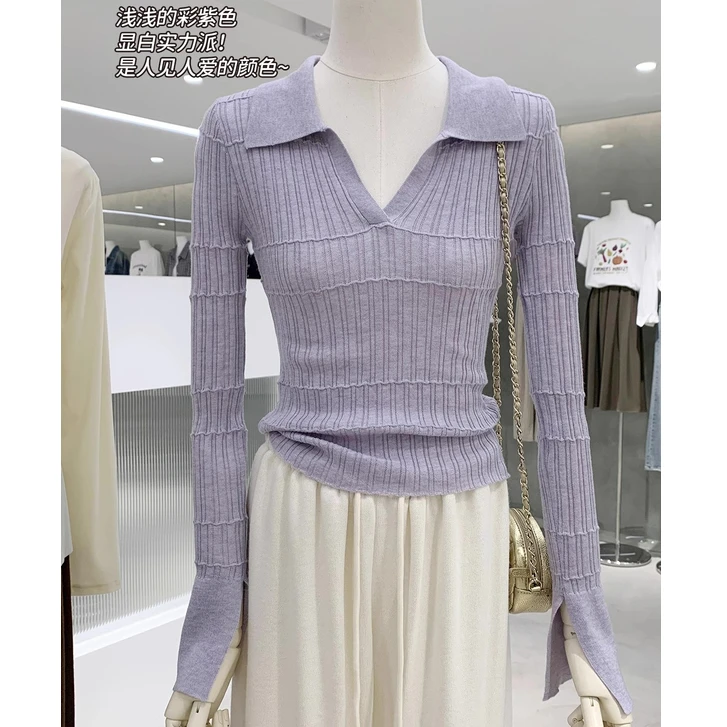 春秋季新款女装洋气翻领薄款针织衫早春长袖修身气质内搭打底上衣