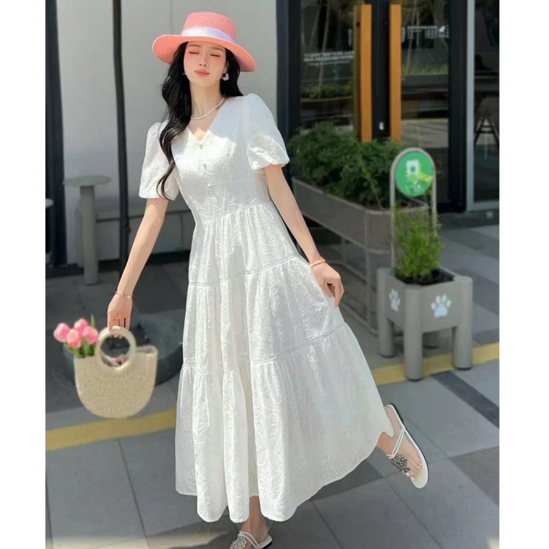 显瘦洋气连衣裙蕾丝V领长款旅游裙子法式6839