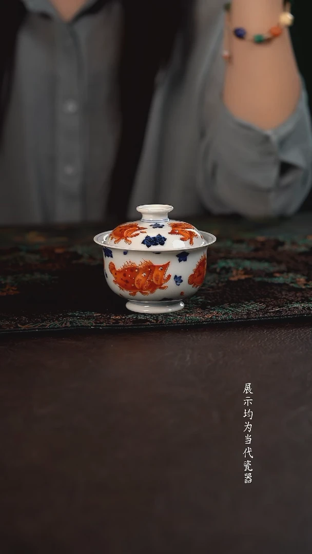 洪印慕明矾红桃花鳜鱼元宝盖碗