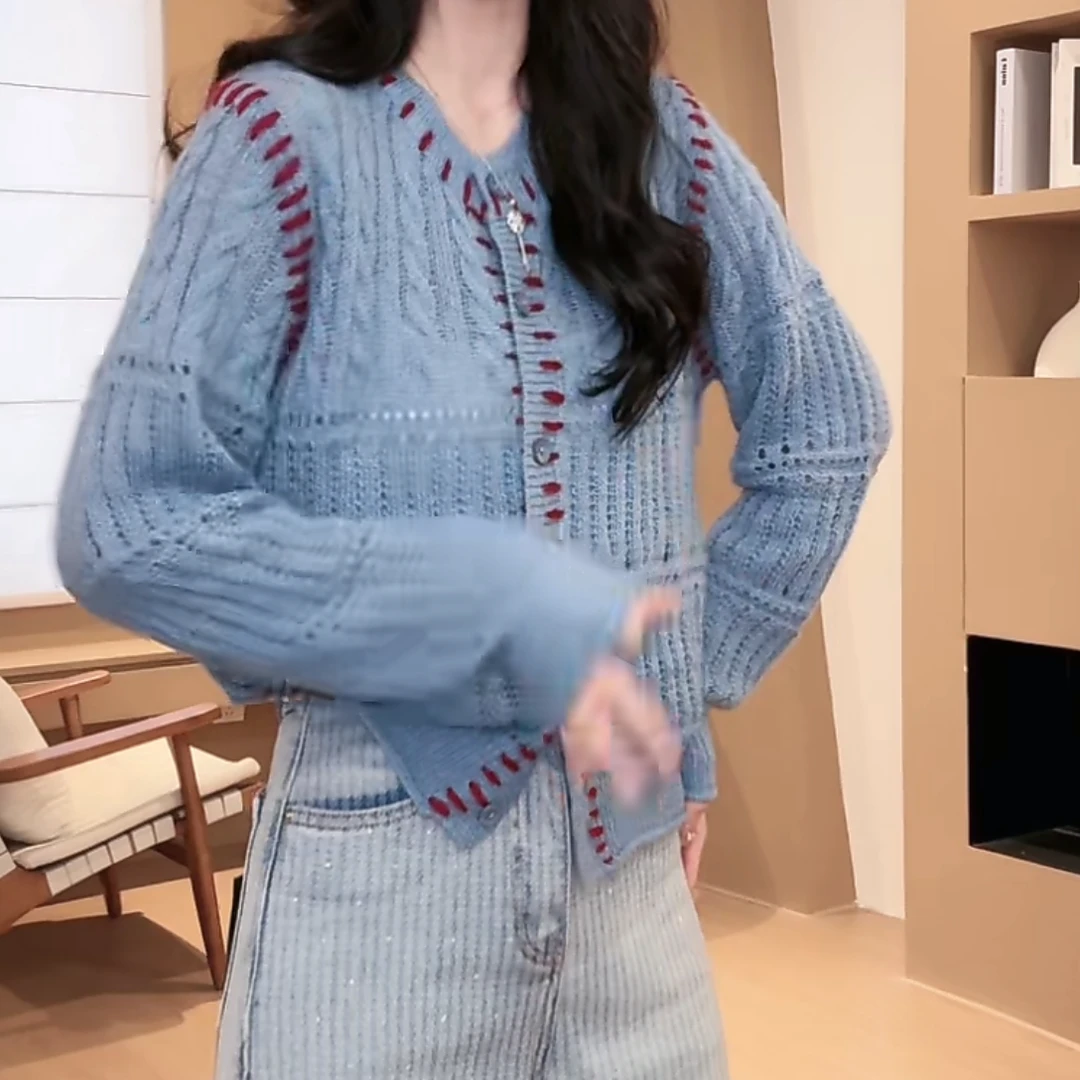 设计感温柔减龄长袖针织开衫女2025新款春季洋气女人味镂空毛衣