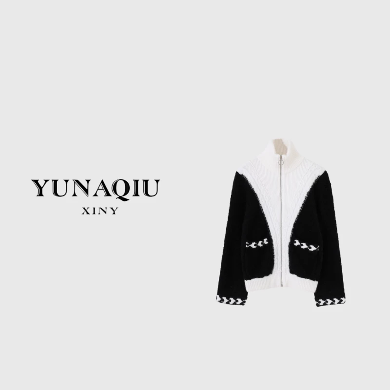 YUNAQIU小香风加厚针织开衫黑白拼色宽松拉链羊毛毛衣外套-6046