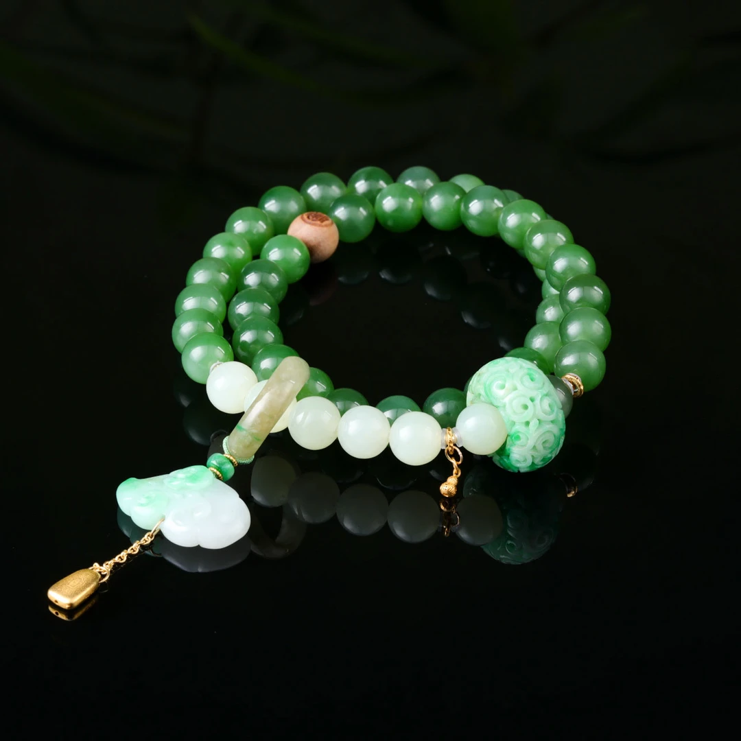 【意婵】《言欢》天然典藏级和田玉碧玉双圈手链18k金翡翠-914845