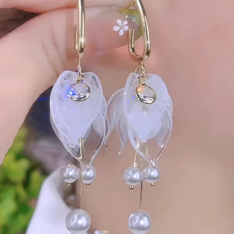 合金耳饰 气质白色花瓣耳坠2025新款长款流苏耳环女小众设计耳饰