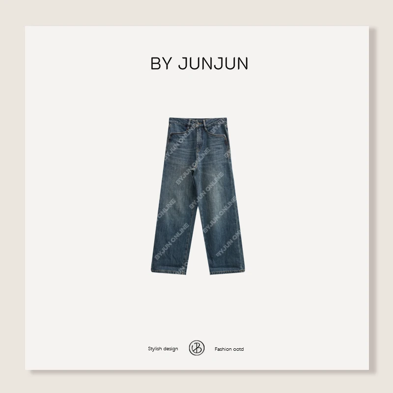 ByJunjun冬季新品女装韩系牛牛直筒磨毛牛仔裤