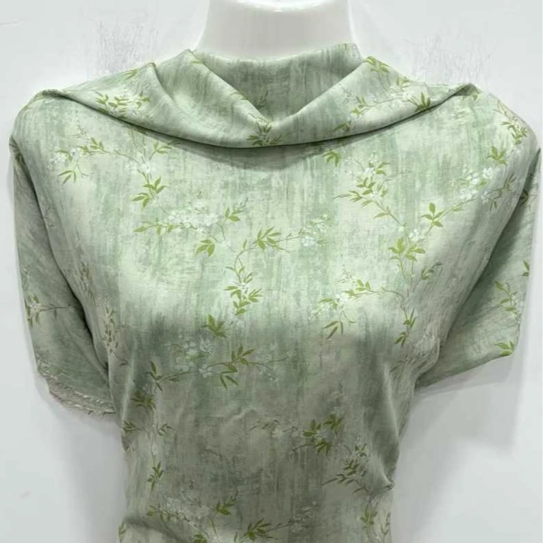 高支精品木棉 烟雨青枝 数码印花面料新工艺连衣裙旗袍柔软透气