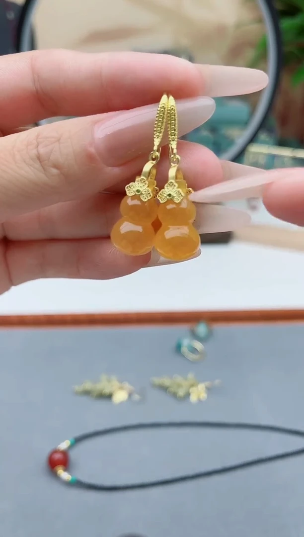 玛瑙/玉髓耳饰银S925镶嵌00黄色葫芦