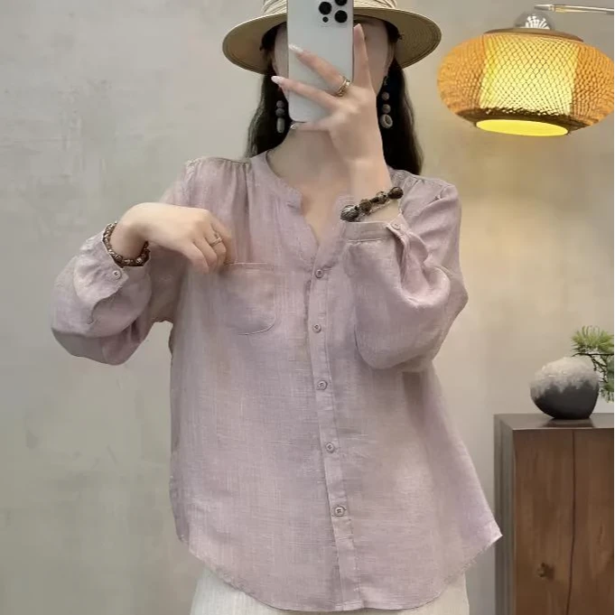 春季新款亚麻女衬衫宽松休闲百搭薄款纯色气质简约女衬衣