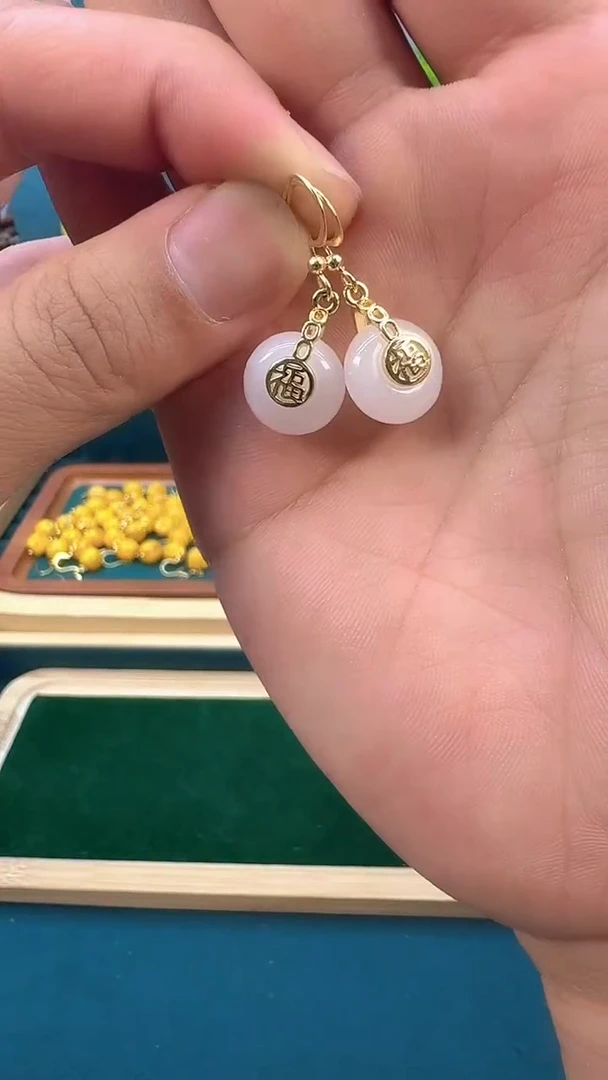 和田玉14K金镶嵌耳饰E399