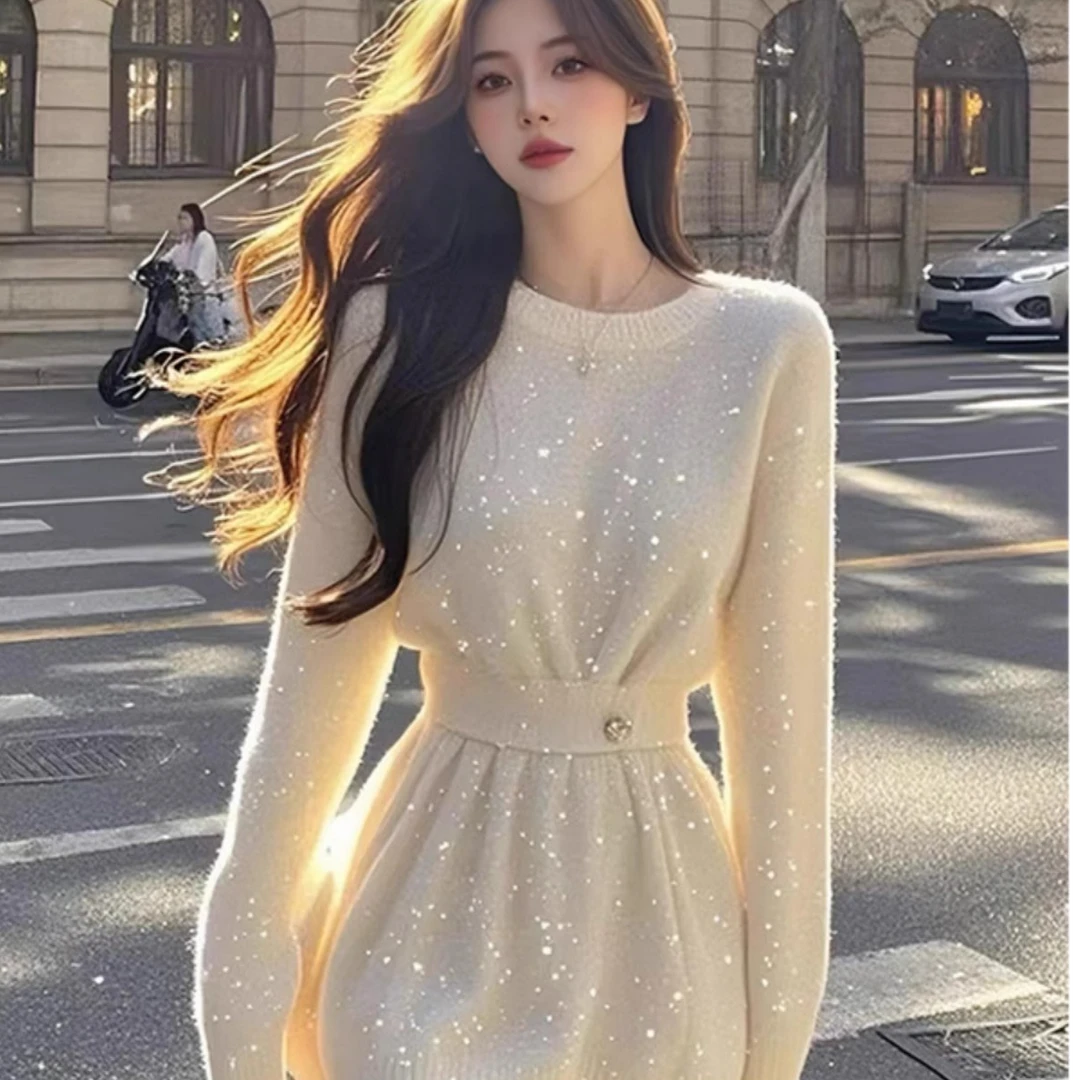 法式气质名媛亮片针织连衣裙女装2025春秋新款修身收腰毛衣短裙子