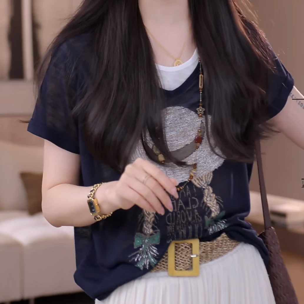 小草帽透气清爽假两件短袖T恤2025夏季新款印花百搭气质通勤上衣