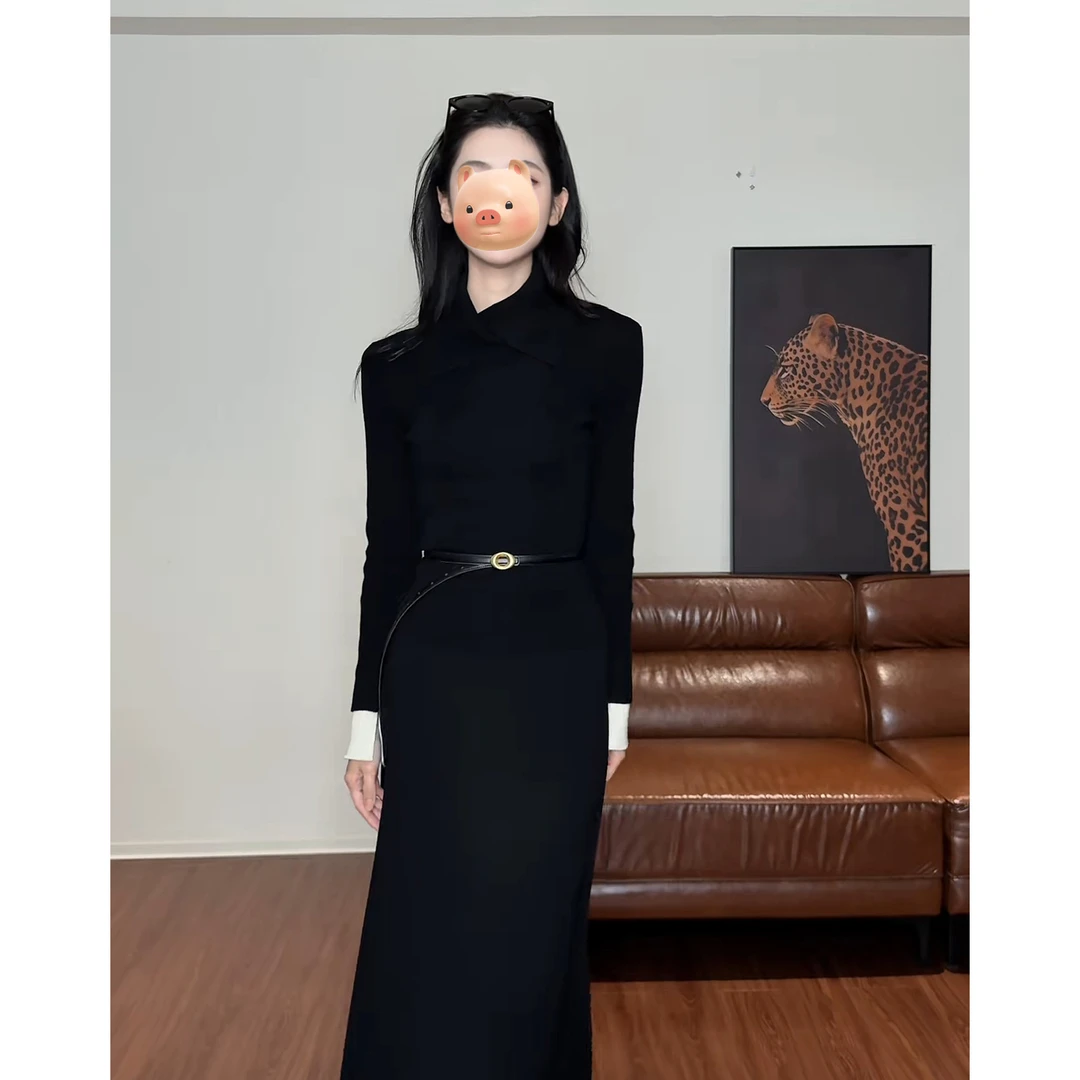 法式翻领黑色套头打底毛衣女秋冬季内搭可外穿修身显瘦针织衫上衣