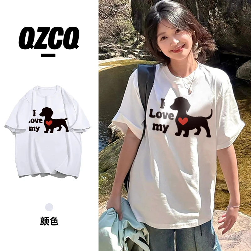 QZCQ美式复古时尚休闲宽松百搭夏季短袖T恤慵懒设计潮上衣圆领女
