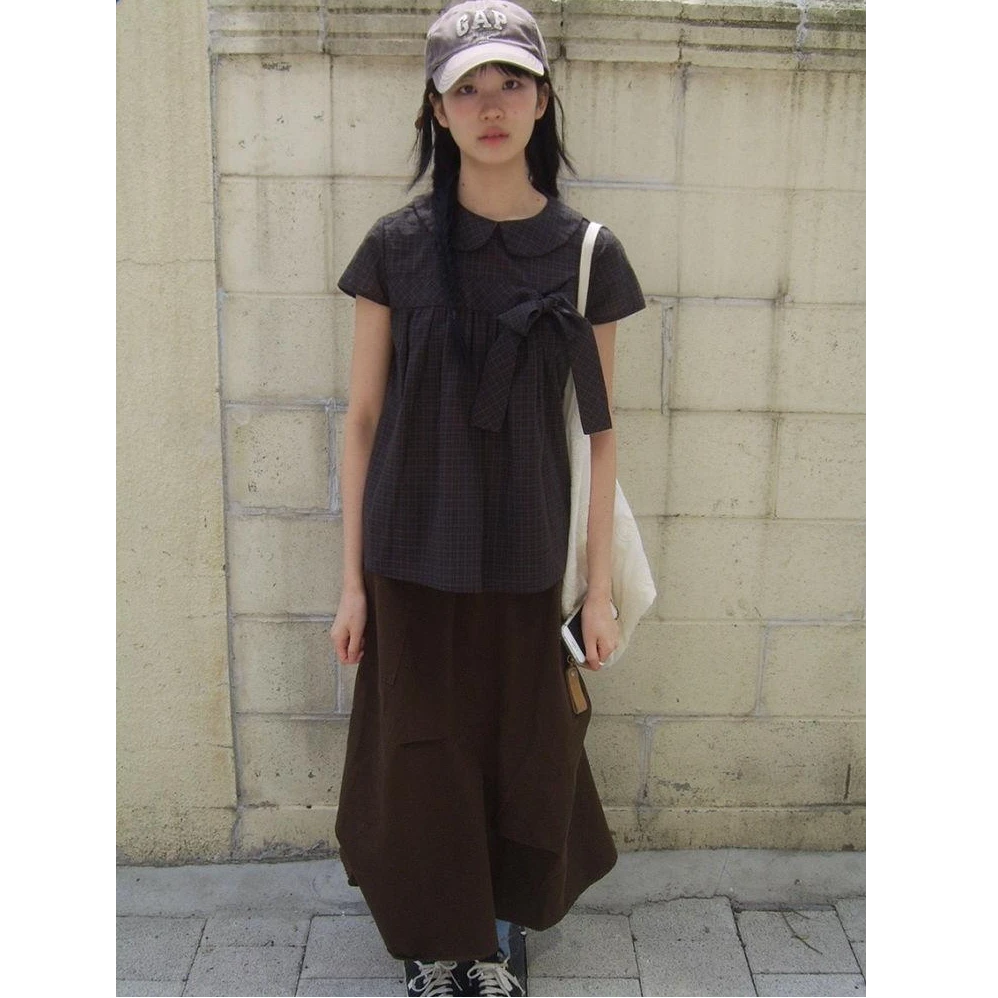 QYao Girls韩版夏季显瘦高级娃娃领格纹蝴蝶结设计衬衫短袖女