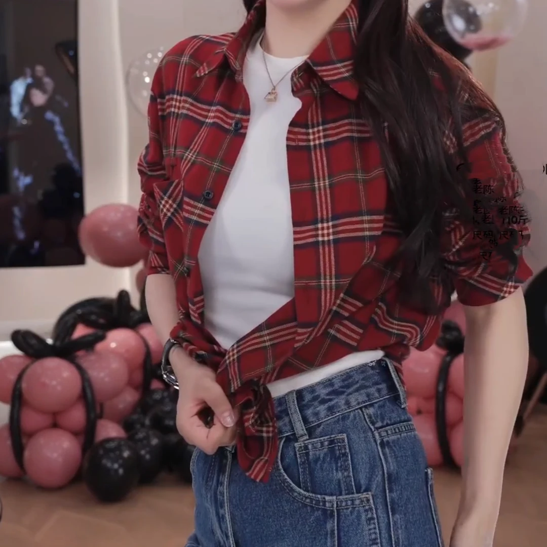 红格子衬衫2025早春款时尚设计感复古文艺格纹宽松长袖衬衣