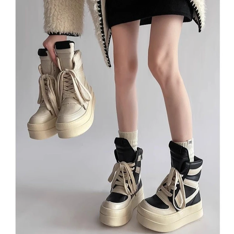 欧美风倒三角厚底高帮鞋子女ins潮牌百搭2025新款情侣同款增高鞋