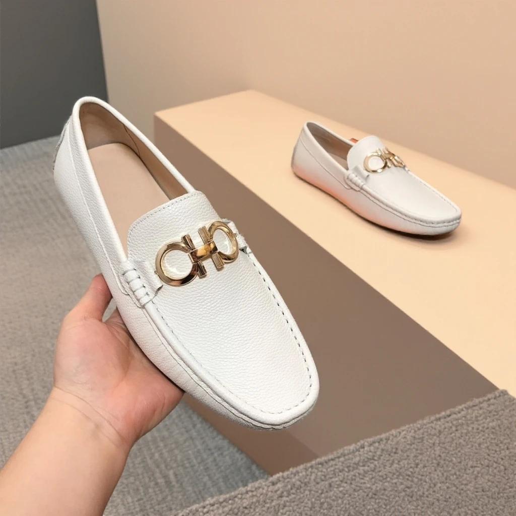 欧美高端豆豆鞋白色真皮软底透气新款时尚一脚蹬男士耐磨手工皮鞋