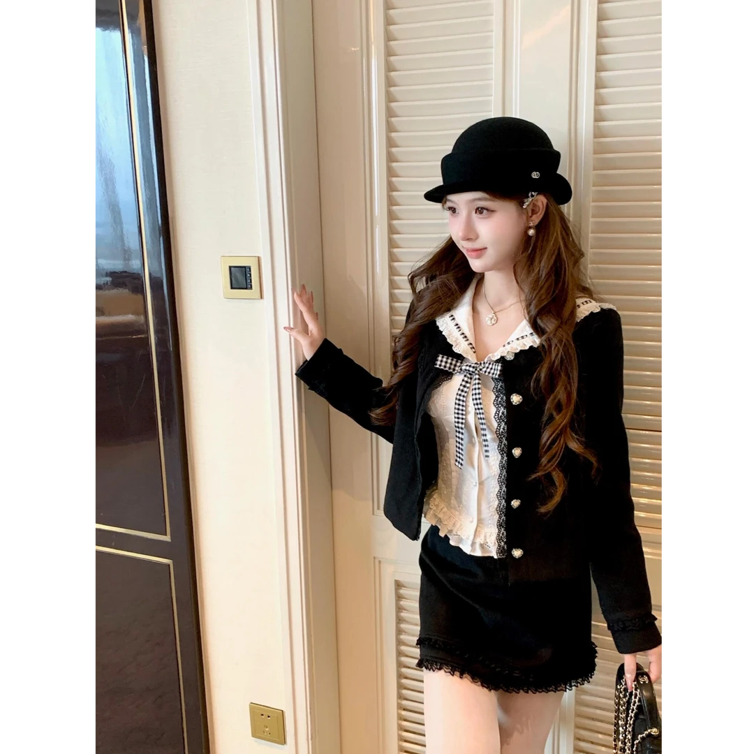 冬季新款别致减龄设计感蝴蝶结系带上衣配气质半身短裙子女两件套