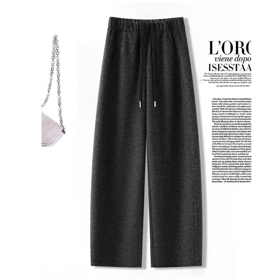 通勤冬季弯刀加绒加厚阔腿裤秋冬休闲裤慵懒风弯刀裤直筒纯色