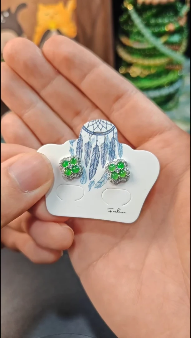 银S925镶嵌翡翠耳饰翡翠耳饰S925银镶嵌