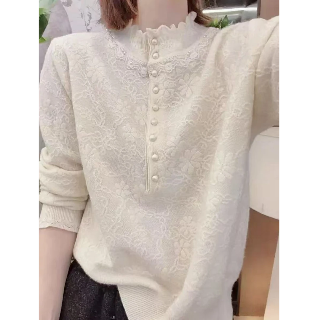 秋冬新款欧根纱浮雕混纺针织衫气质百搭套头毛衣女1486