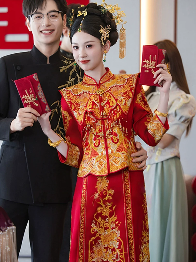 红色+ 金色重工奢华新款高级醋酸缎新中式新娘婚服秀禾服出阁服
