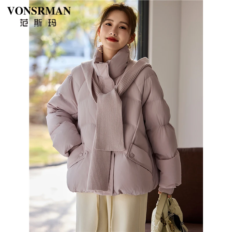 VONSRMAN粉色围巾领连帽羽绒服女短款冬季新款时尚加厚保暖外套潮