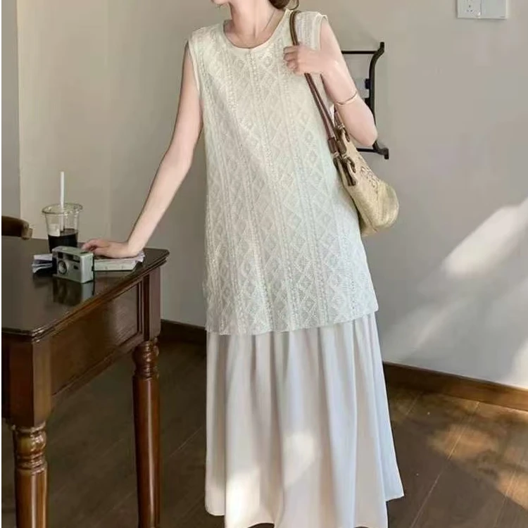 米白色蕾丝拼接连衣裙假两件2件