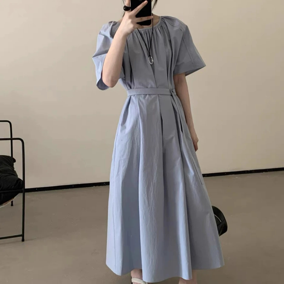 韩货-【年中清仓-柔蓝一水】初夏简约气质慵懒小众法式连衣裙/3100