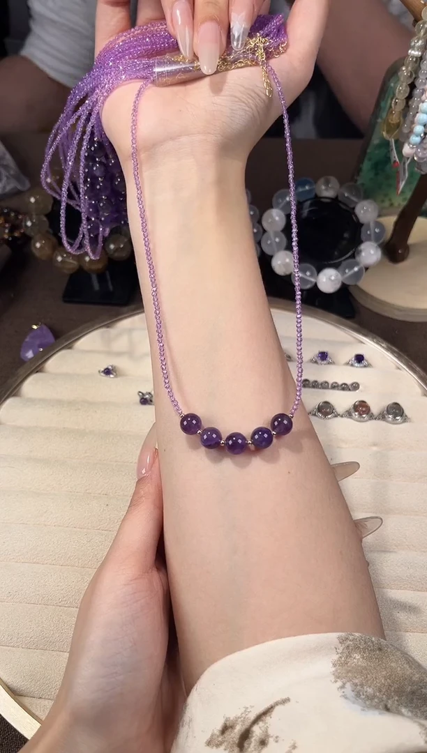 未镶嵌项链水晶紫水晶5颗紫尖晶锁骨链