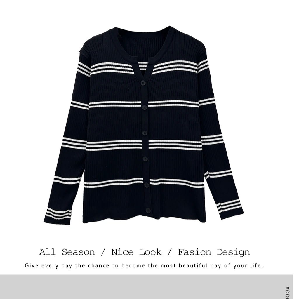 743  辣妹黑色条纹长袖开衫女春外穿高级感正肩短款修身上衣#9812