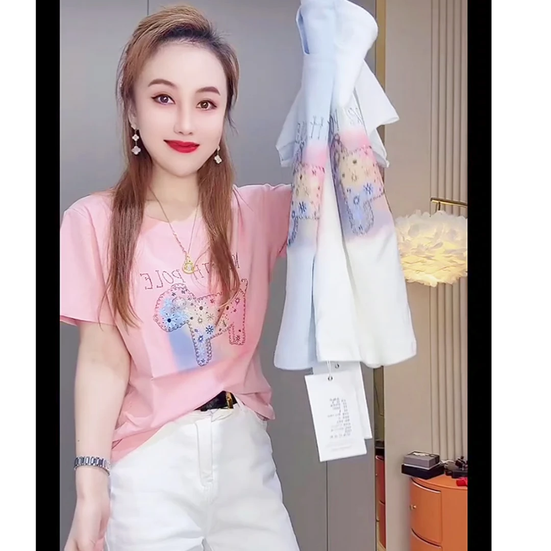 欧韩重工拼接印花百搭T恤短袖衫烫钻刺绣圆领时尚上衣爆款通勤外