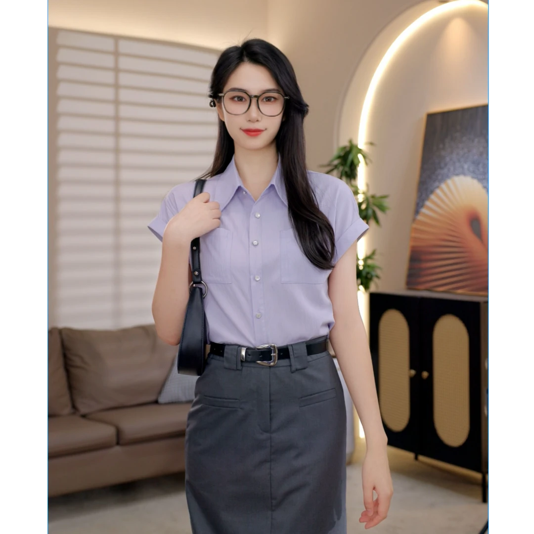 QH80453通勤气质小飞袖短袖衬衫女2025夏季时尚高级感