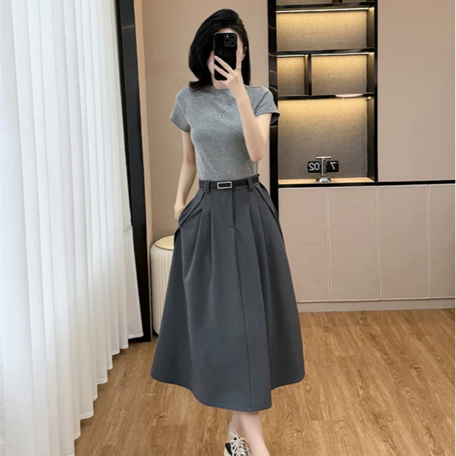 棉质T恤中长款半身裙套装女夏季新款简约上衣打底百搭裙子两件套