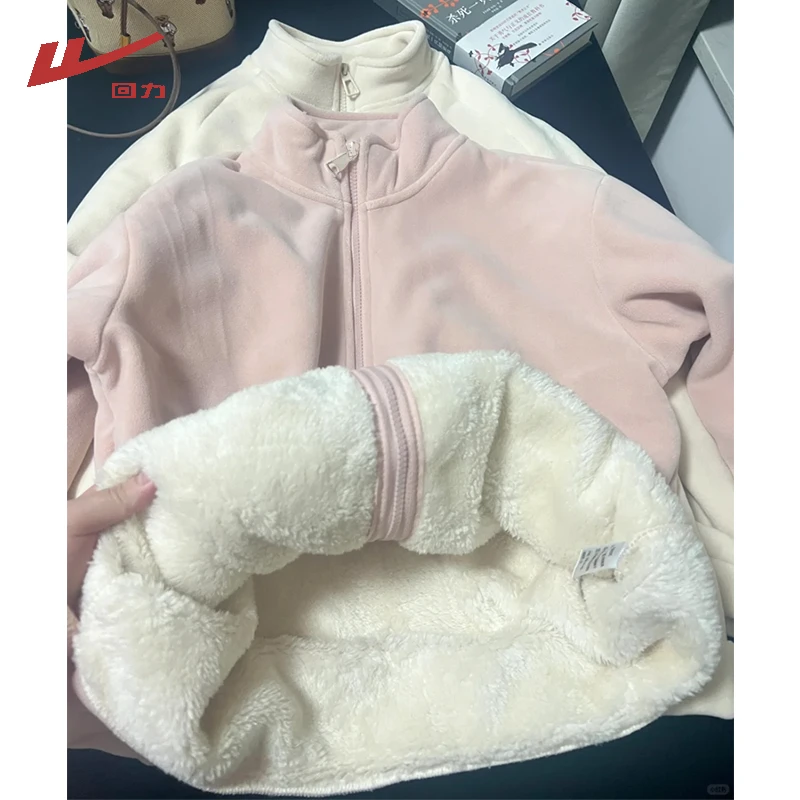回力2025秋冬季粉色立领开衫外套卫衣加厚加绒慵懒风入冬漂亮衣服